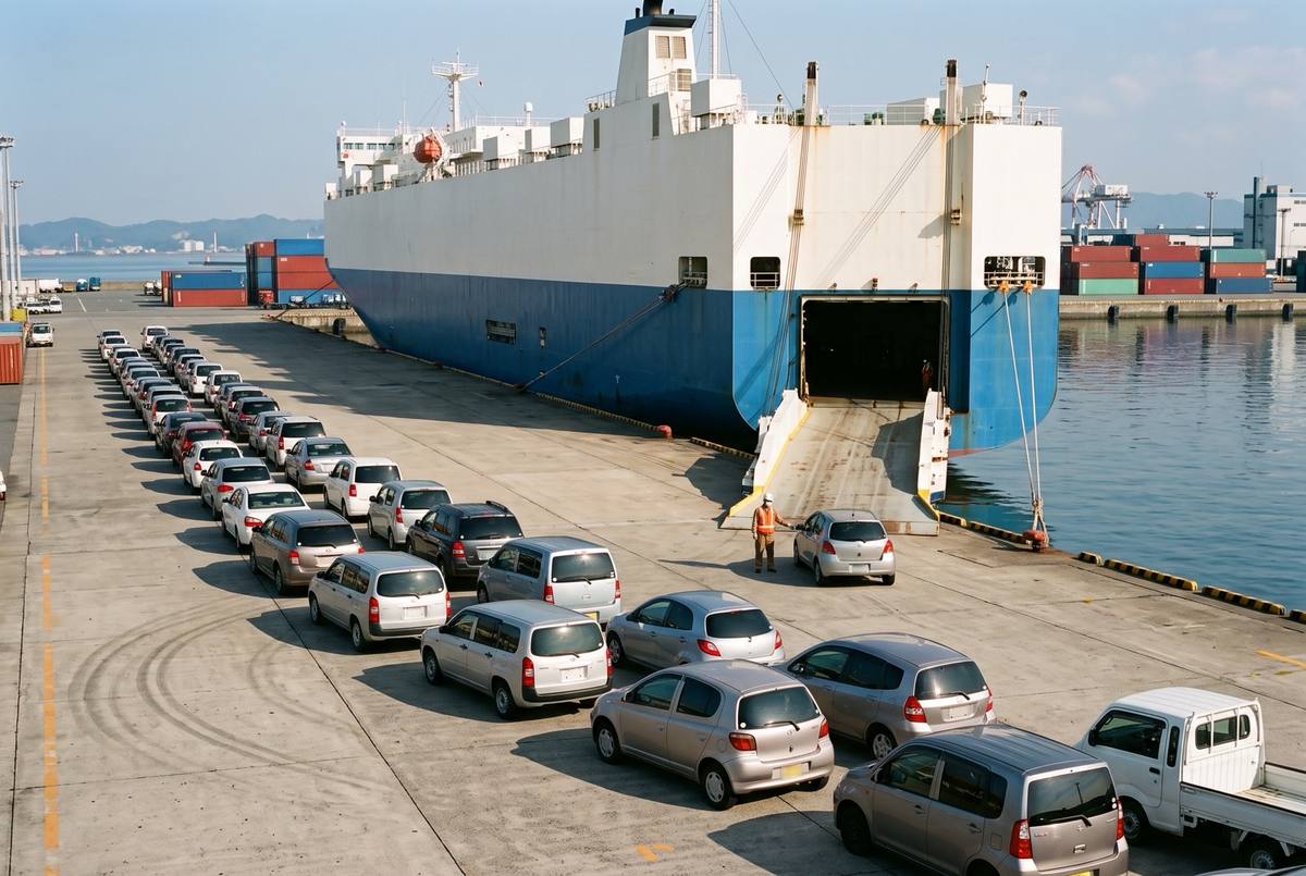 Used cars lined up on a pier in Japan, waiting to be driven up the stern ramp of a car carrier ship