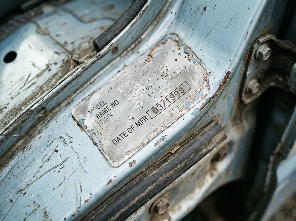 Worn identification plate showing the date of manufacture