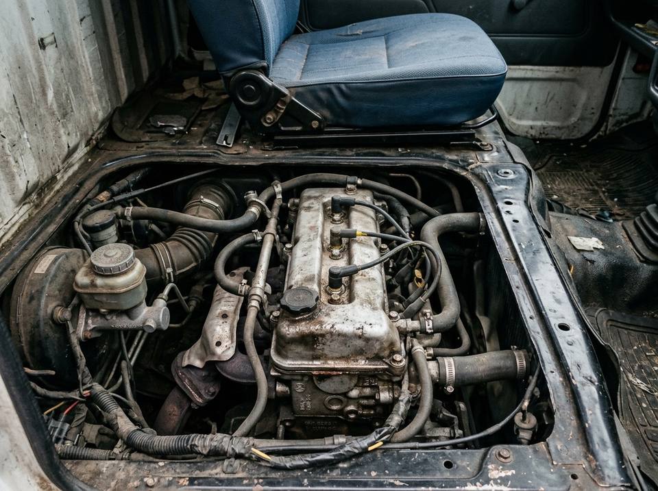 Small engine under the seat of a kei truck, showing the cam cover