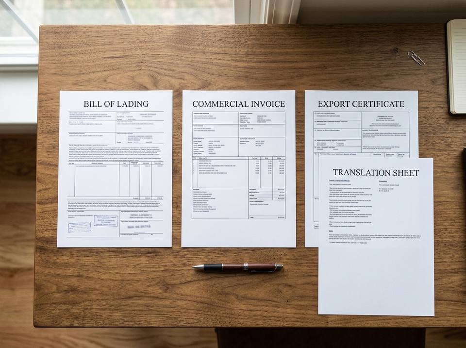 Import documents laid out on a desk: bill of lading, commercial invoice and export certificate