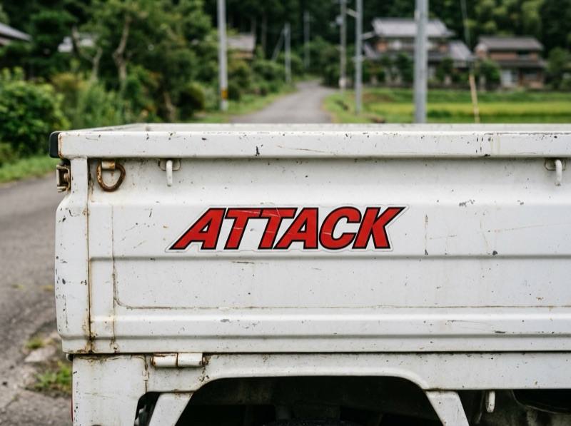 ATTACK grade decal on the tailgate of a kei truck