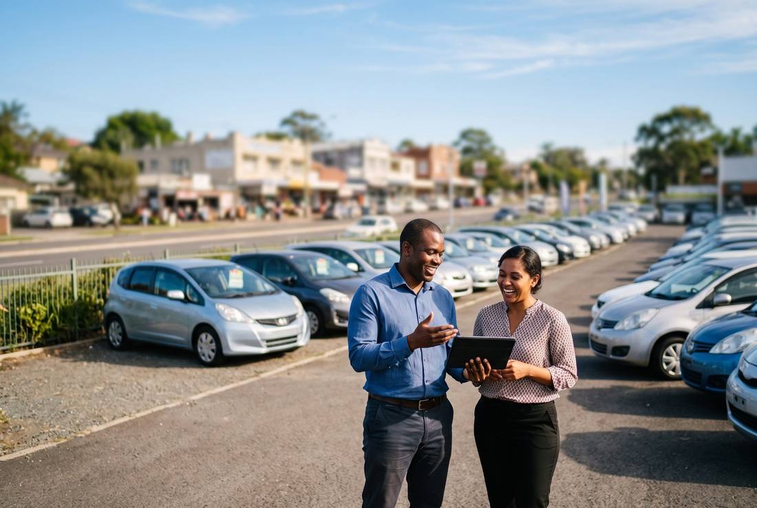Two local business partners talking over a tablet in front of imported Japanese used cars at an outdoor dealership