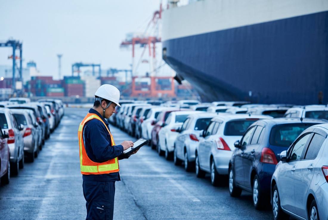 A staff member in a high-visibility vest checking export-bound used cars with a tablet at a Japanese port
