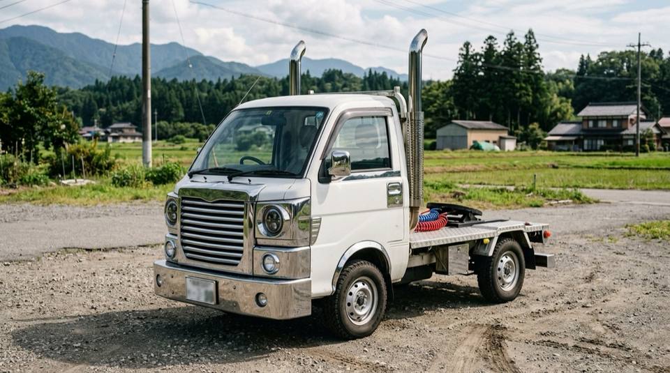 Kei truck customised as a mini semi tractor with chrome stacks