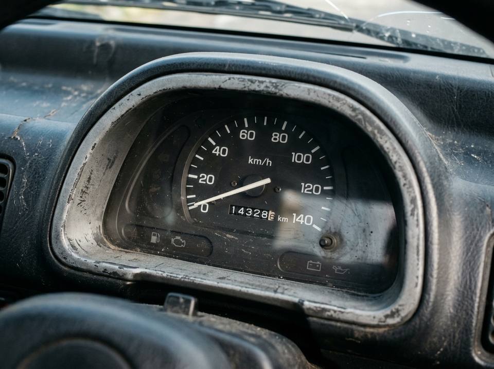 Kei truck instrument cluster showing the odometer reading in kilometres