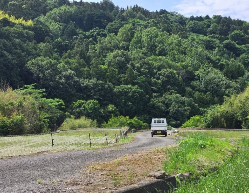 Kei truck on a narrow farm track between fields