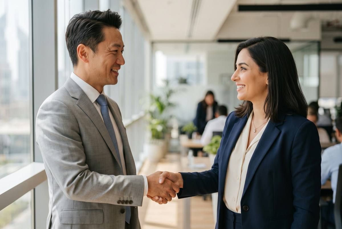 Two business people shaking hands by a window in a bright office