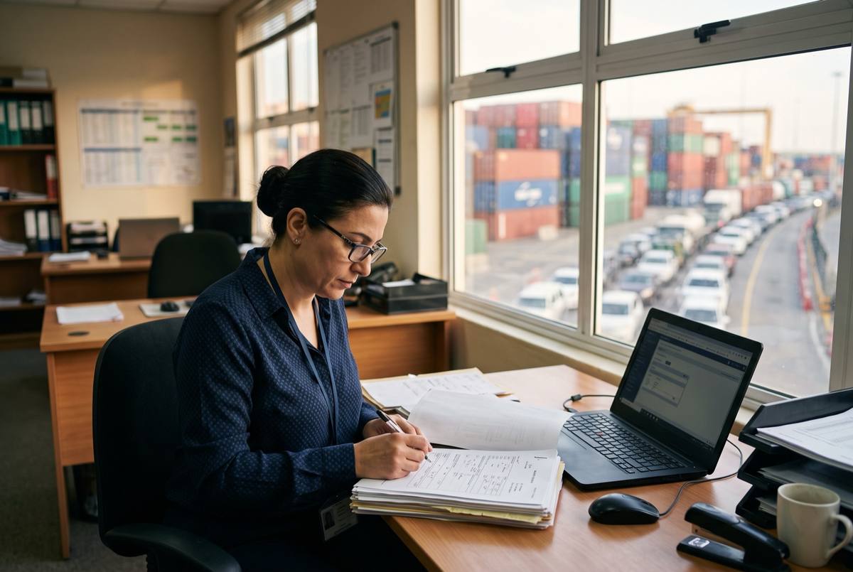 A customs broker working through import documents on a laptop in a port office