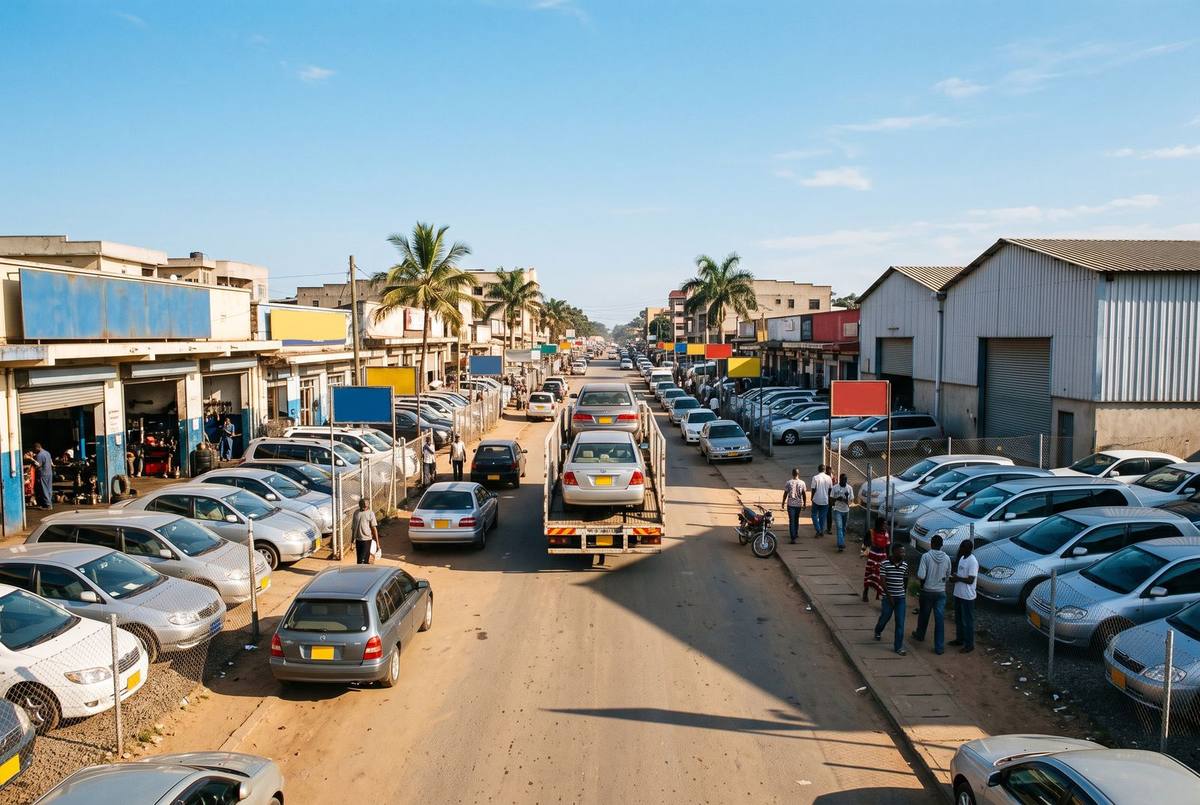 A sunny street lined with used car lots, repair shops and warehouses, with a car carrier driving through