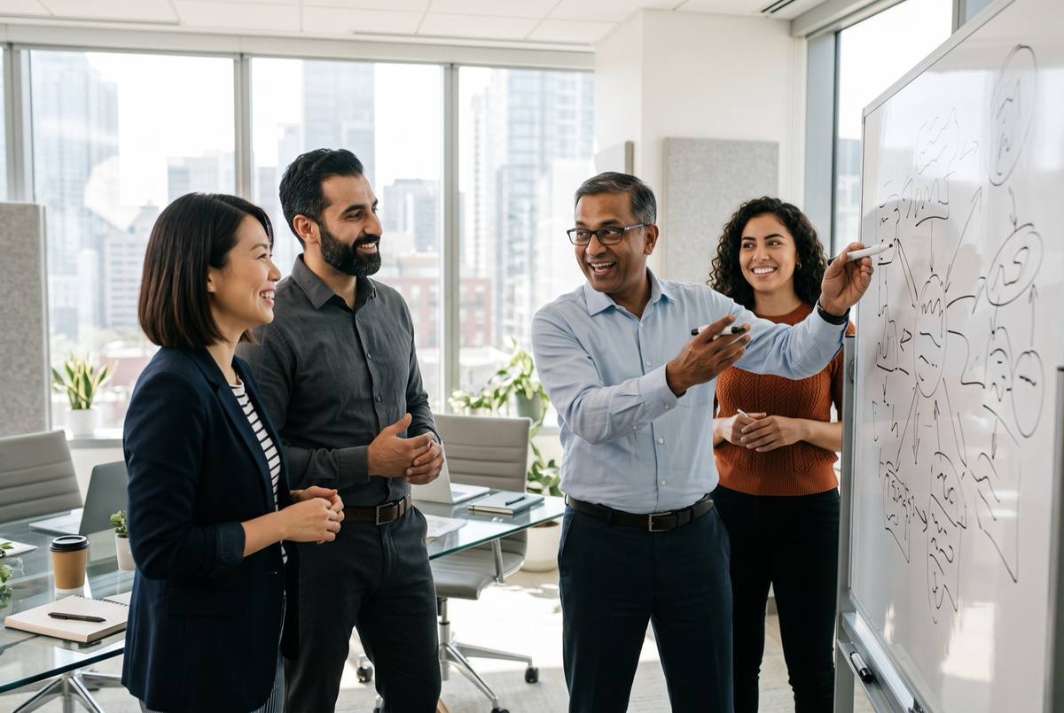 A mixed international team discussing plans at a whiteboard in a bright meeting room