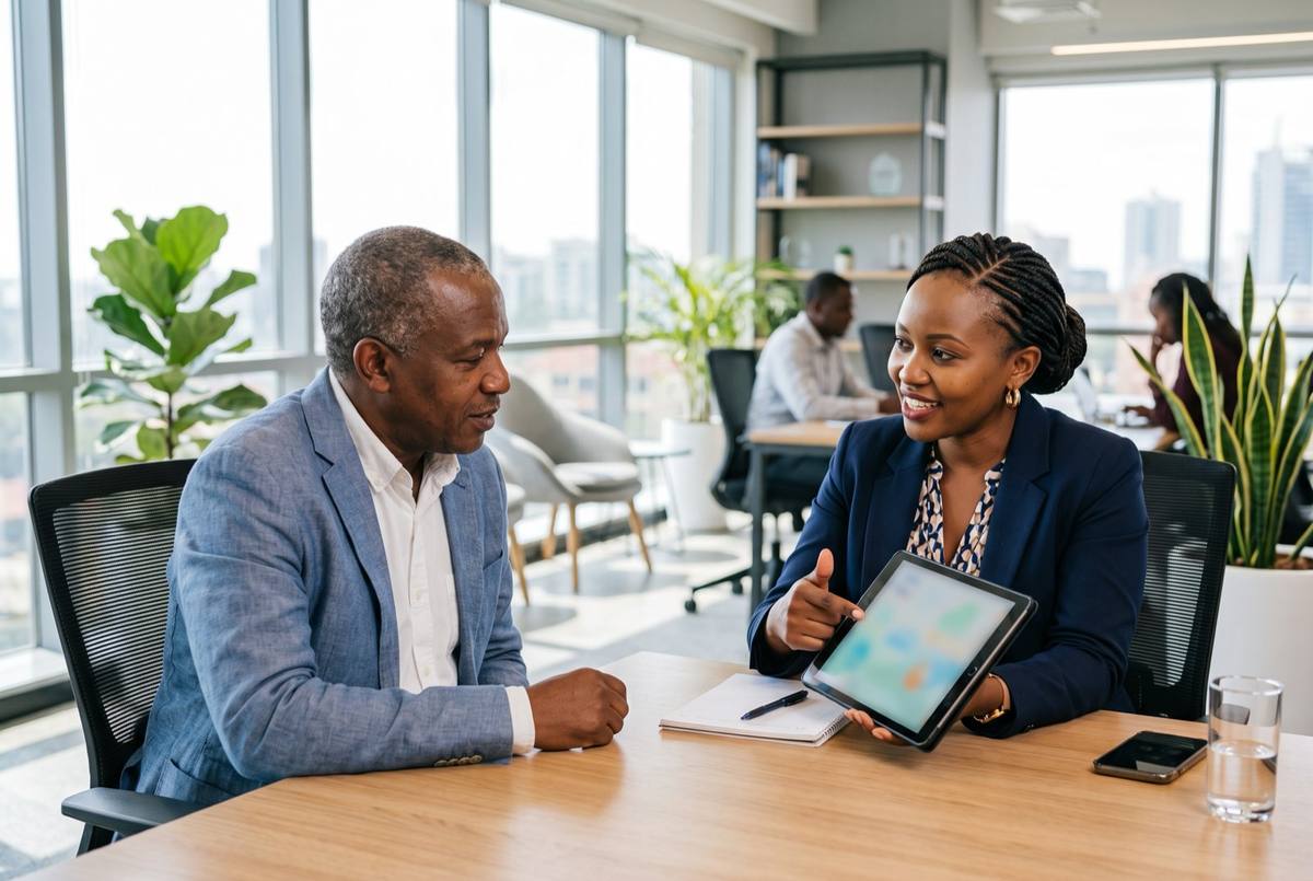 An import agent showing a customer how the process works on a tablet in a bright office