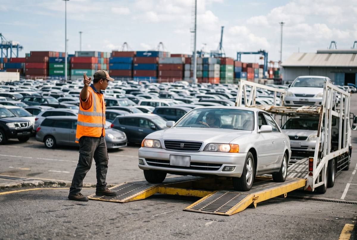 Workers loading cars onto a car carrier truck in a port yard overseas