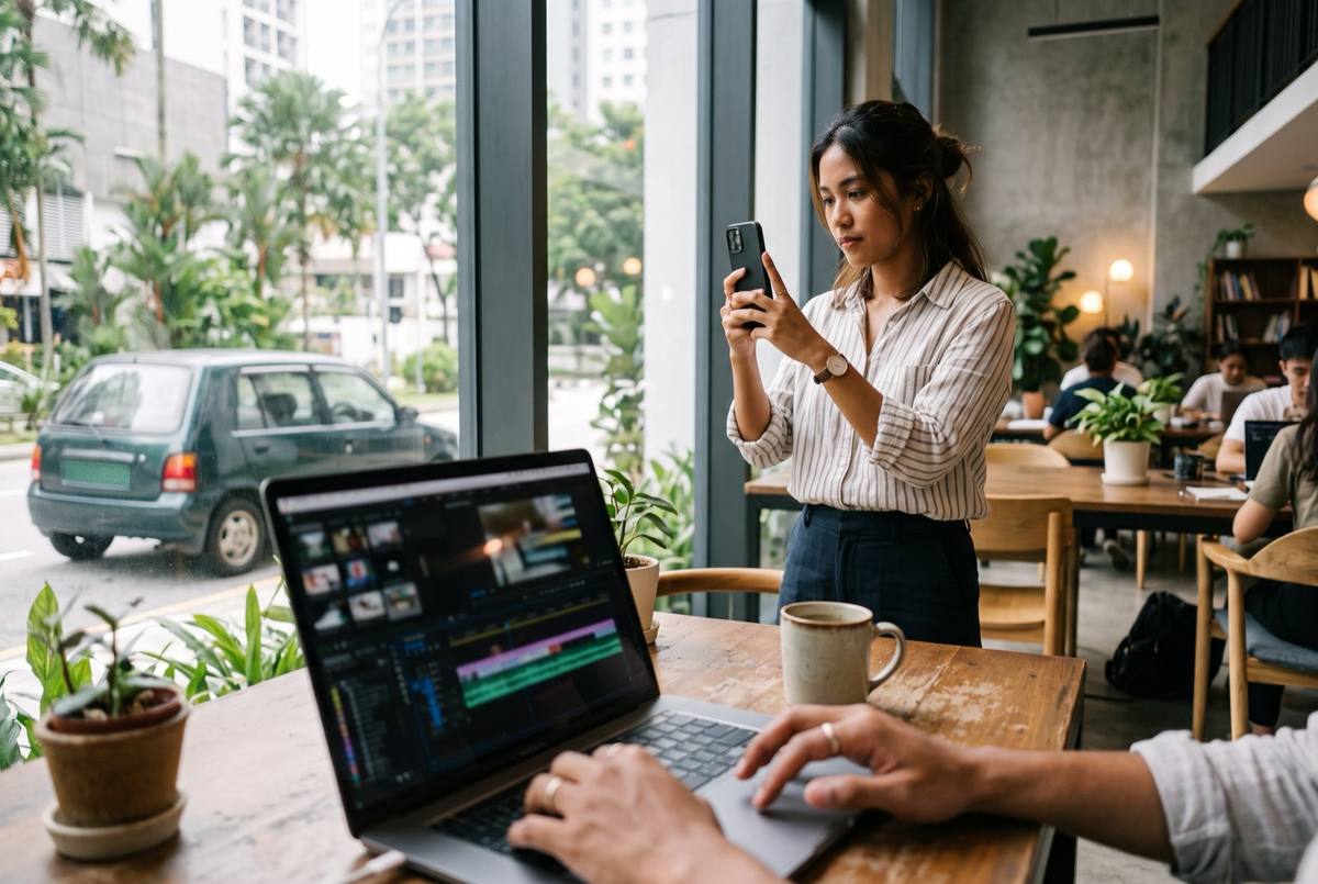 A local marketer filming a car with a smartphone and editing social content on a laptop
