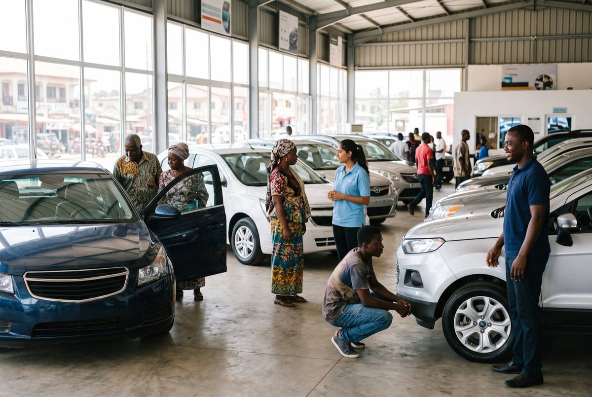 Staff helping several customers in a busy used car showroom
