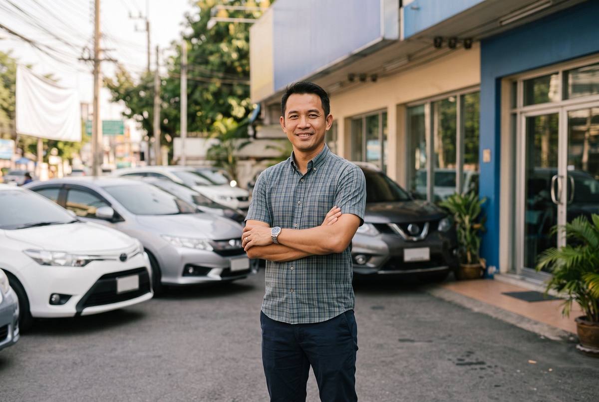 A used car dealership owner standing with arms folded in front of their own showroom and lot