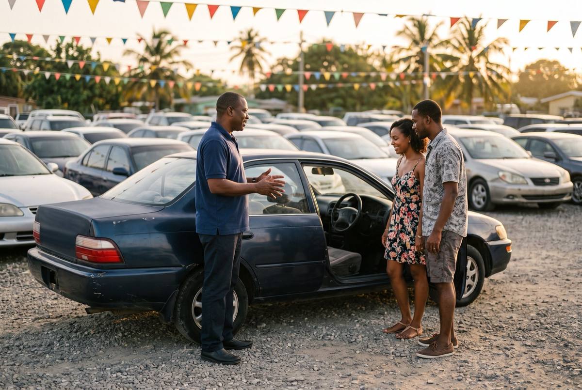A salesperson showing a Japanese car to a local couple at an outdoor used car lot