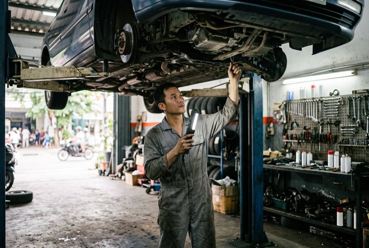 A mechanic inspecting a car on a lift in a bright local repair shop