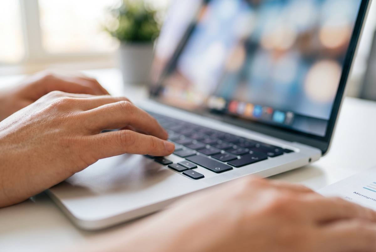 Hands working at a bright desk with a laptop and a bank transfer document