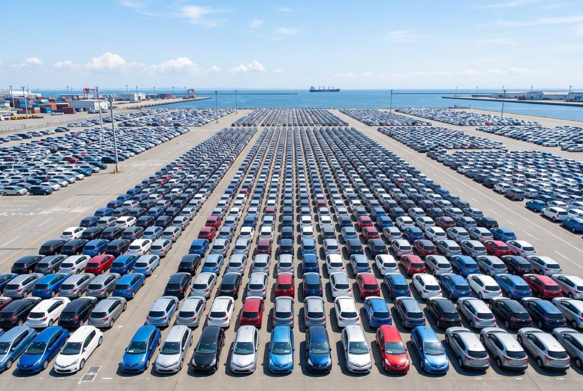 Rows of used cars waiting at a Japanese port to be loaded onto a roll-on roll-off car carrier