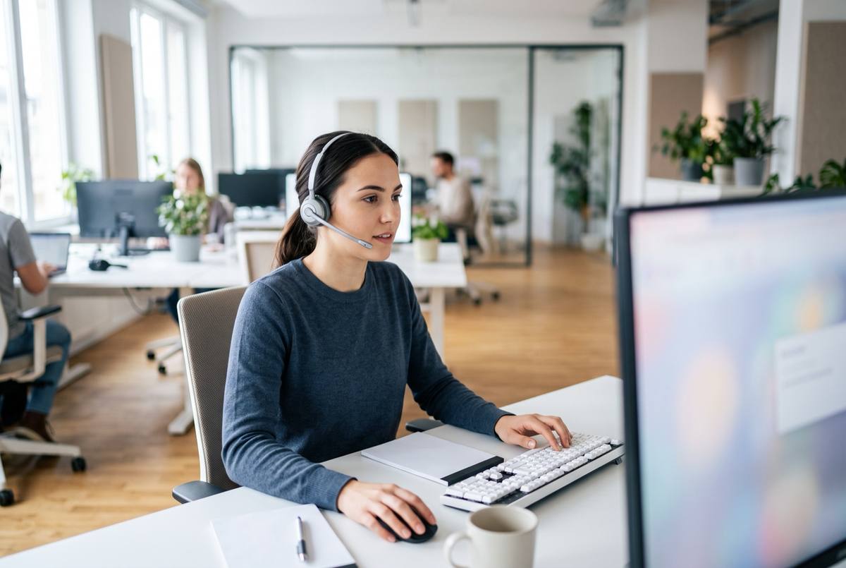 A support agent wearing a headset responding to buyer inquiries at a desk