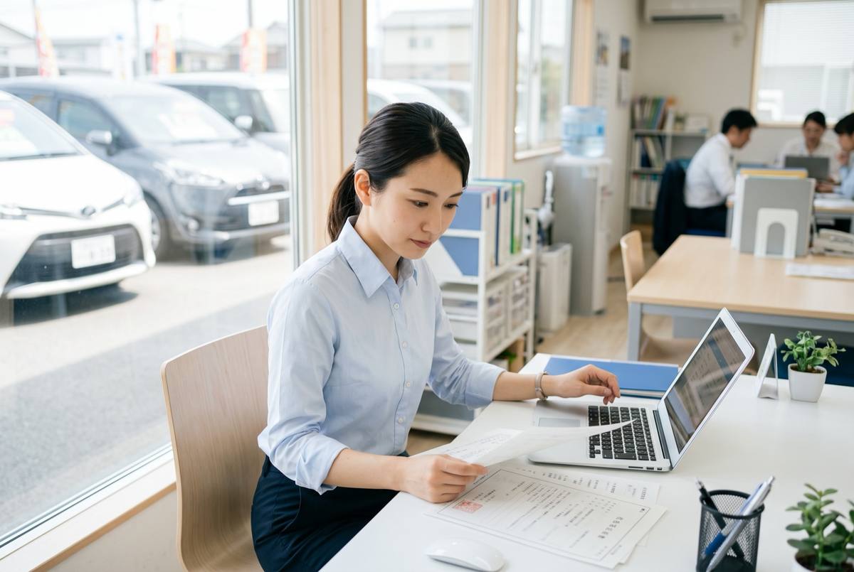 Staff at a Japanese used car dealership checking company documents and licenses against a laptop