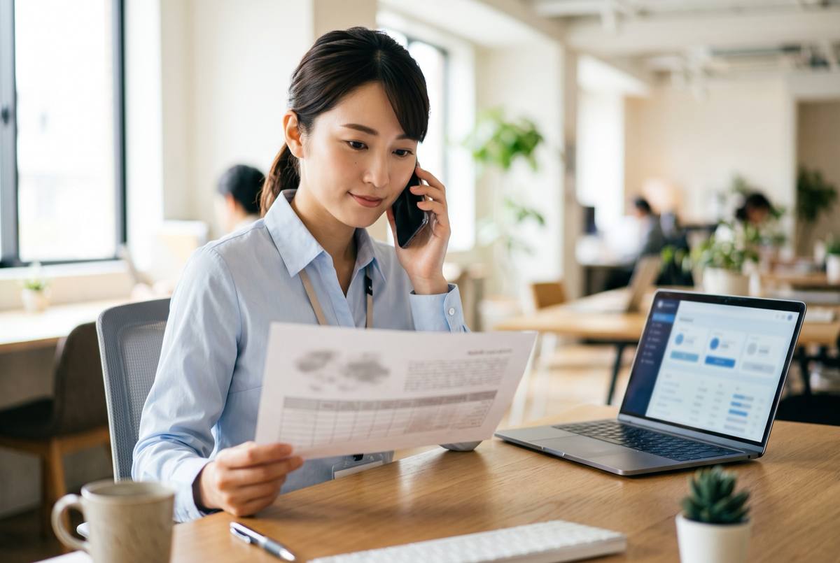 A staff member on the phone checking vehicle paperwork while coordinating with a seller