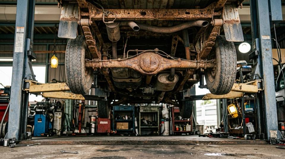 Underside of a used kei truck on a lift, showing rust on the frame