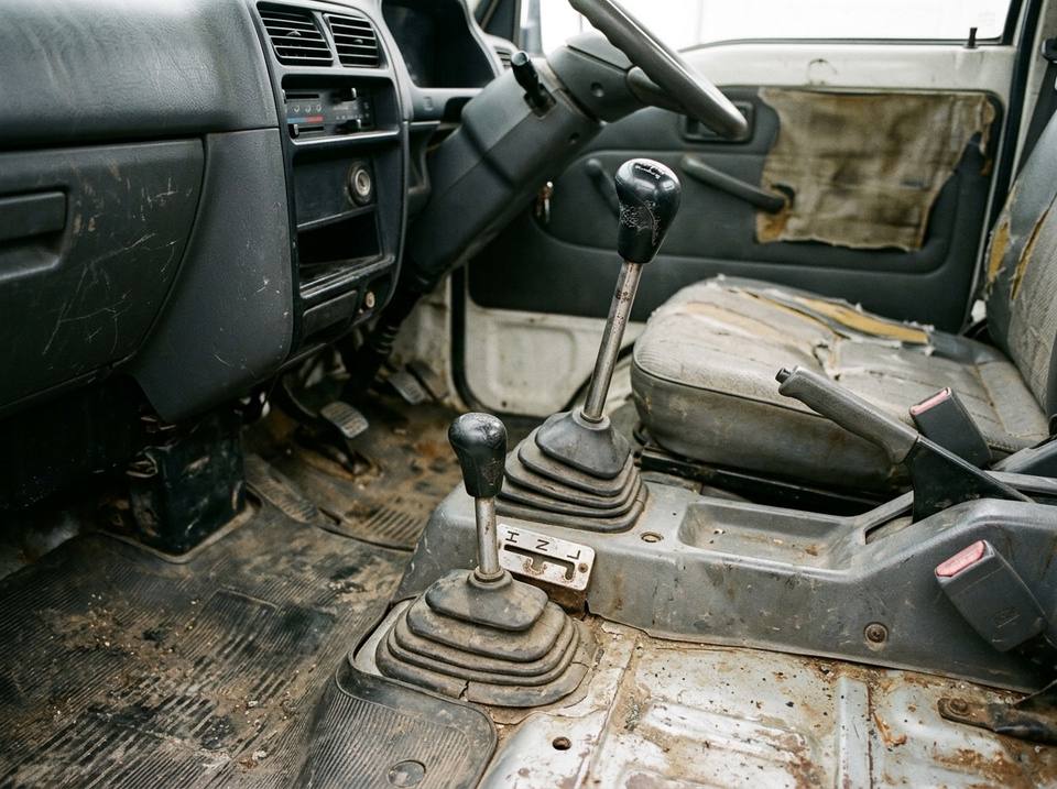 Sub-transmission lever next to the main gear lever in a kei truck