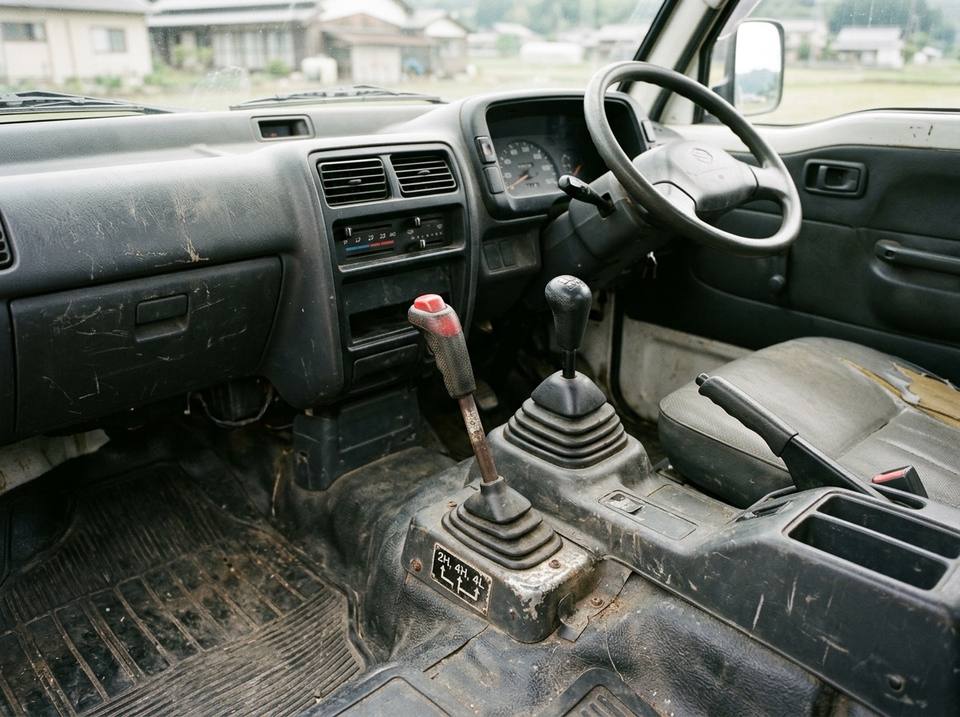 Transfer lever with a red button and 2H / 4H / 4L markings in a kei truck