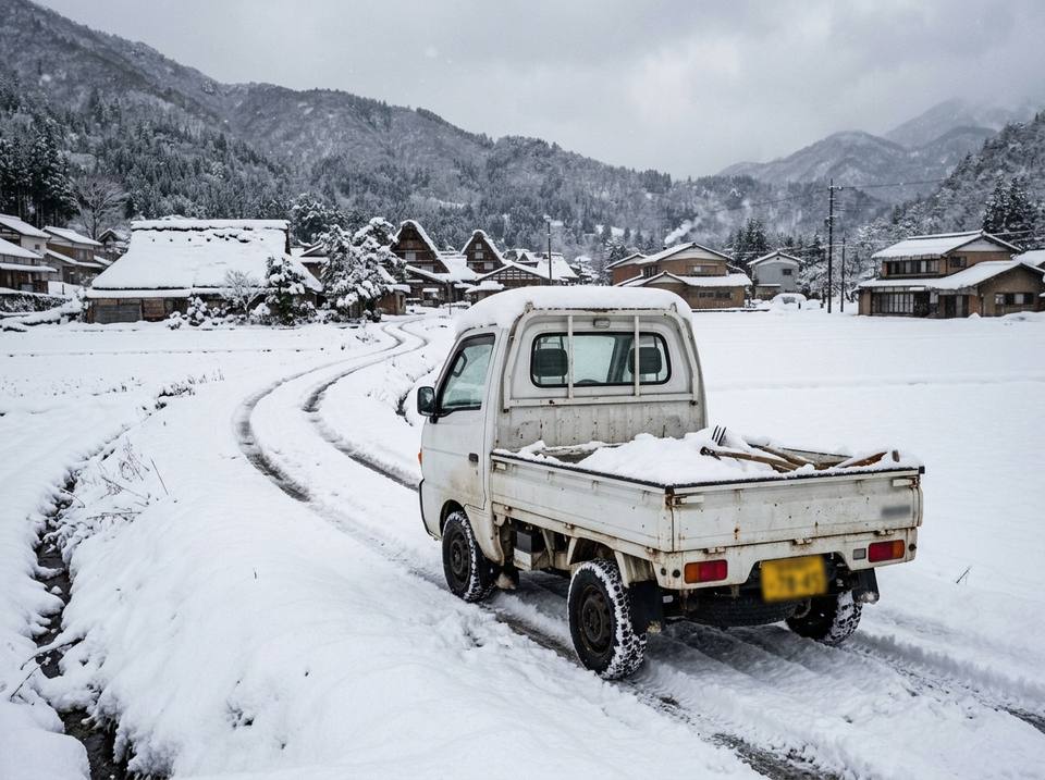 4WD kei truck on a snow-covered farm road